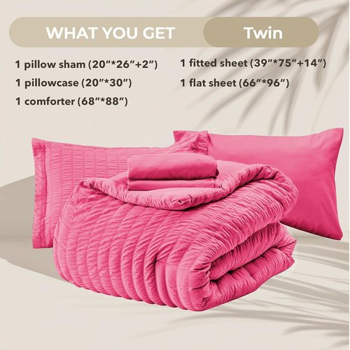 HYMOKEGE Twin Comforter Set - Hot Pink Seersucker 5-Piece Luxury Bedding Set for All Seasons