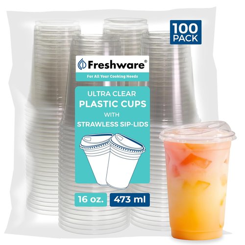 Freshware 16 oz Clear Disposable Plastic Cups - Heavy-Duty Tumblers with Strawless Sip Lids, 100 Pack