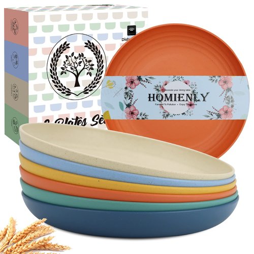 Homienly Dinner Plates, Deep Plate Set, Alternative to Plastic Plates, Microwave and Dishwasher Safe Wheat Straw Plates for Kitchen, Camping, Unbreakable Plate with 6 Colors, Set of 6 (9 Inch, Multi)