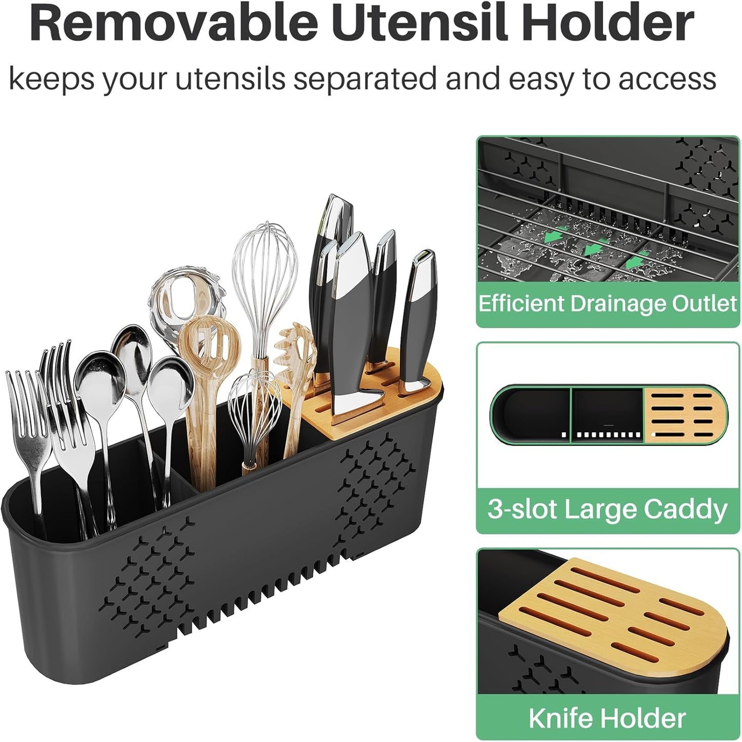 SNTD Large Dish Drying Rack - Expandable Stainless Steel Kitchen Dish Drainer (19.3" to 29.4", Black)