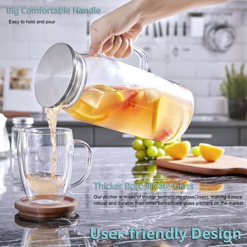 Bivvclaz 3 Pack 2 Liter 68 oz 2.1 Qt Glass Pitcher with Lid and Handle, Water Pitcher for Fridge, Glass Carafe for Hot/Cold Water, Large Iced Tea Pitcher for Coffee, Juice and Homemade Beverage