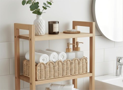 CubesLand Scalloped Edge Toilet Paper Storage Basket - Cozy Beige Decor with 2 Wooden Handles