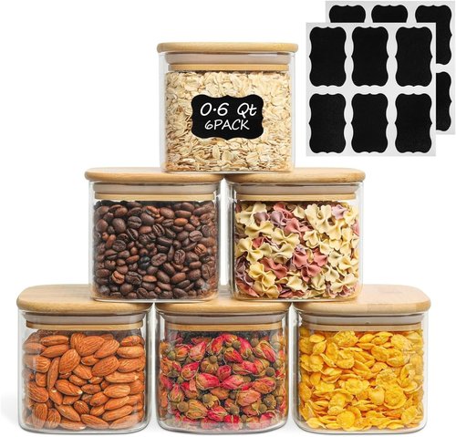 ComSaf Glass Food Storage Jars Set of 6 - Clear Airtight Containers for Pantry Organization | Ideal for Spices, Tea, Coffee, and Sugar