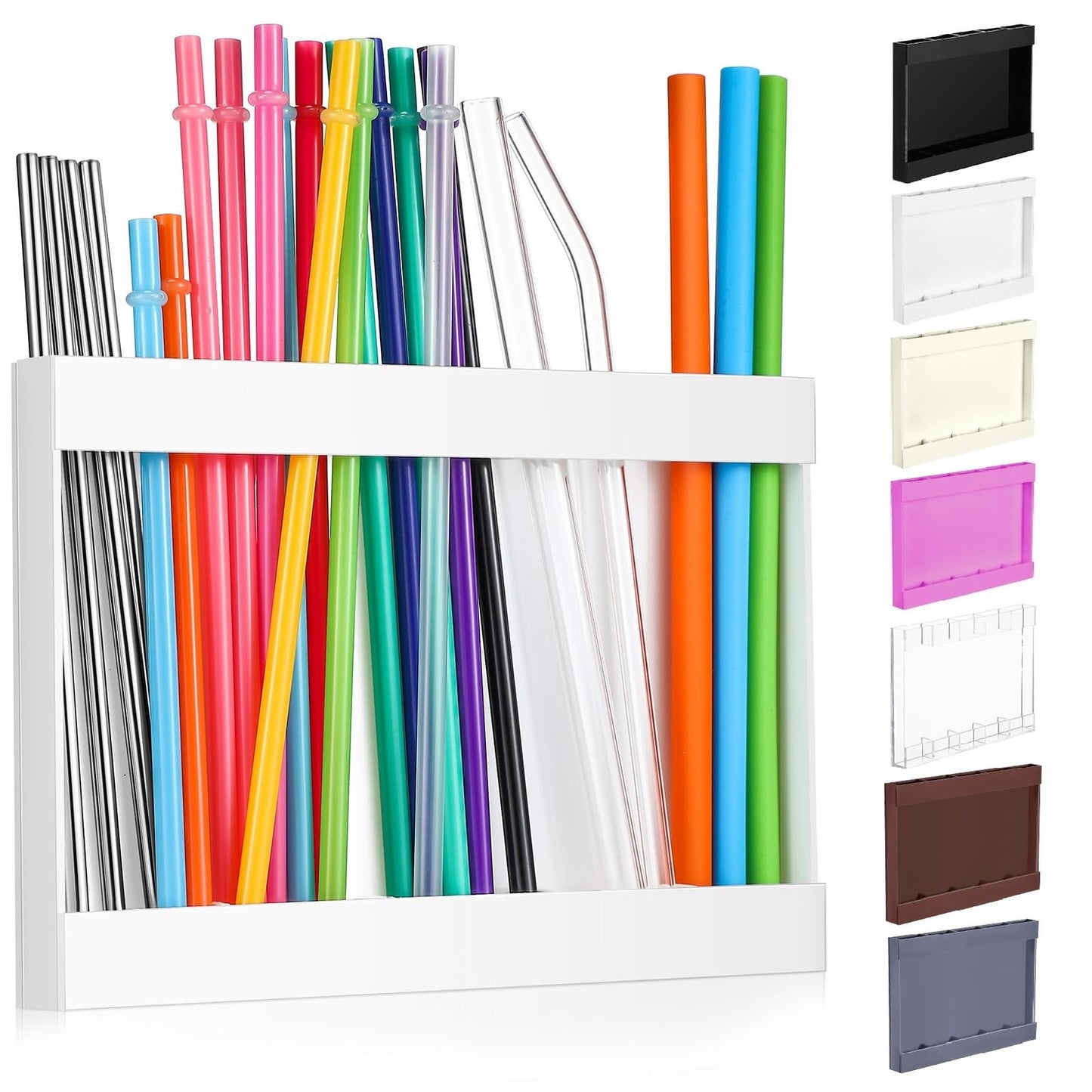 Qinyoung Acrylic Straw Holder for Cabinet Door with Double Sided Adhesive Tape Reusable Straw Organizer Tumbler Storage Kitchen Accessories Container for Counter Cupboard(Classic,Large,White)