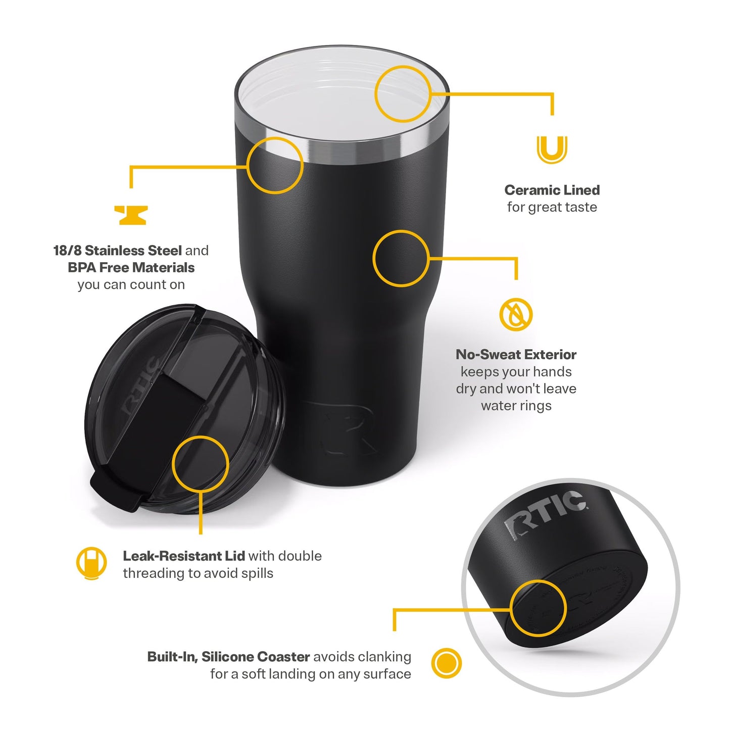 RTIC 30oz Essential Tumbler with Lid, Ceramic Lined, Insulated, Stainless Steel, Metal, Double Wall Vacuum-Insulation, Travel Cup for Iced Coffee, Tea, Hot and Cold Drink, Black