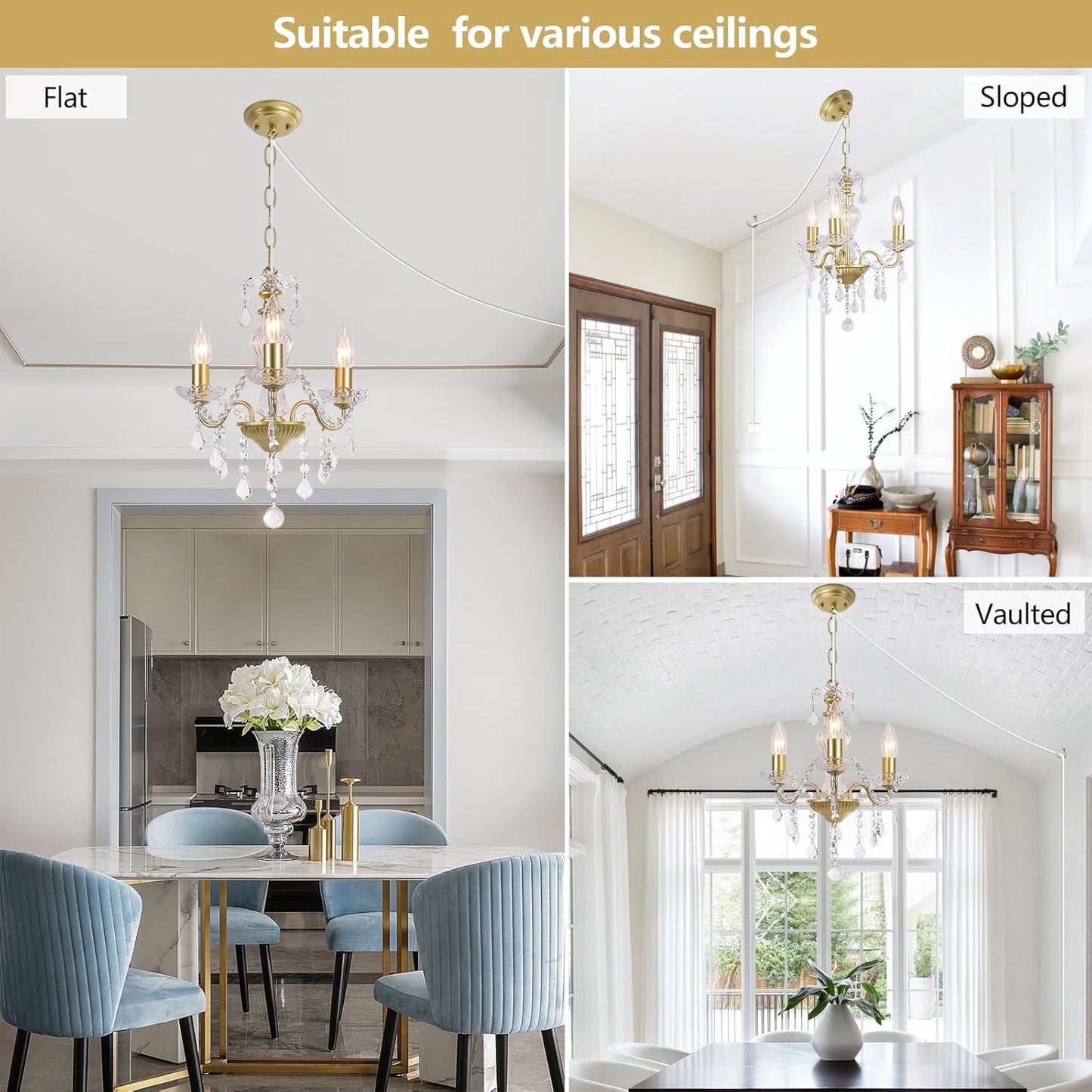 Plug in Modern 3-Light Gold Chandelier with Glass Crystals, Candle Style Pendant Light Fixtures for Living Room, Girls Room, Kitchen Island, Entryway