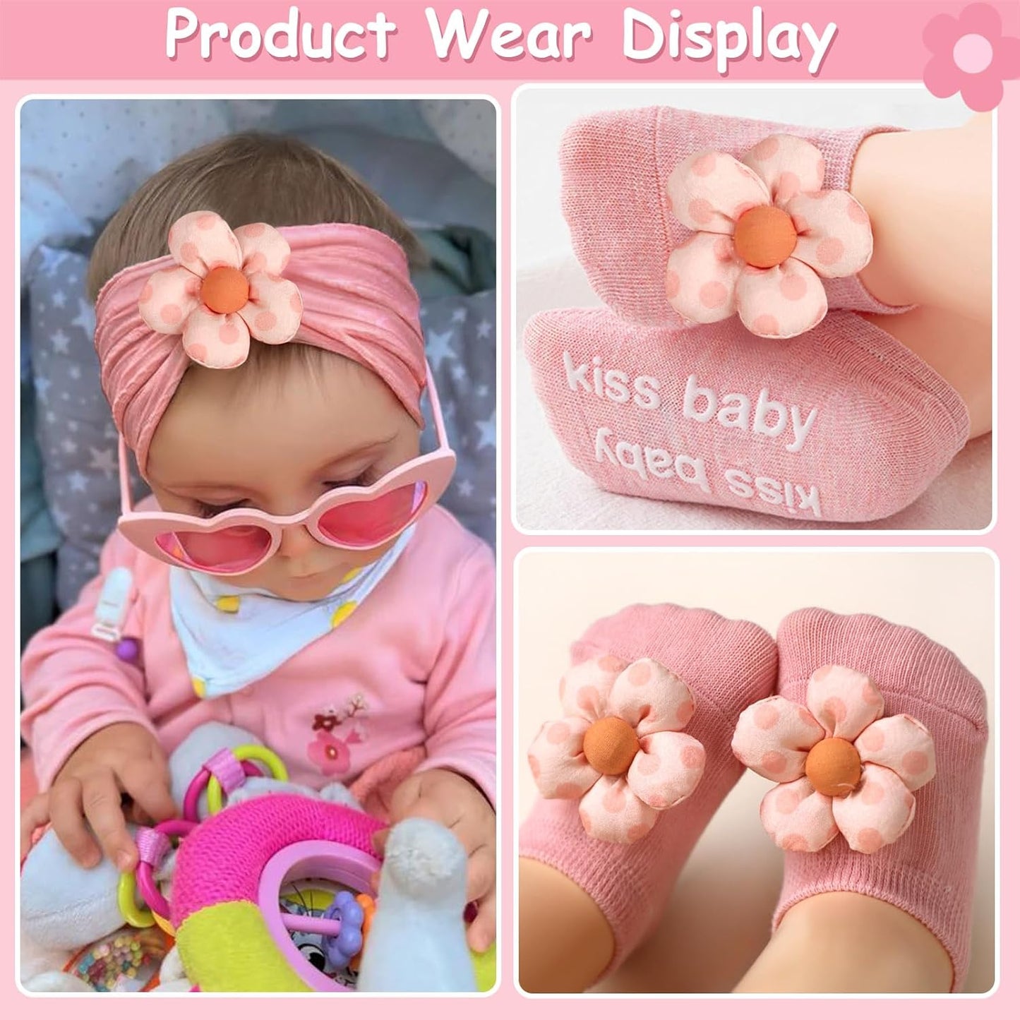 MIUXUESO Baby Girls' Headbands & Socks Set - Non-Slip Flower Hairbands & Cozy Socks | Pink, 6-12 Months