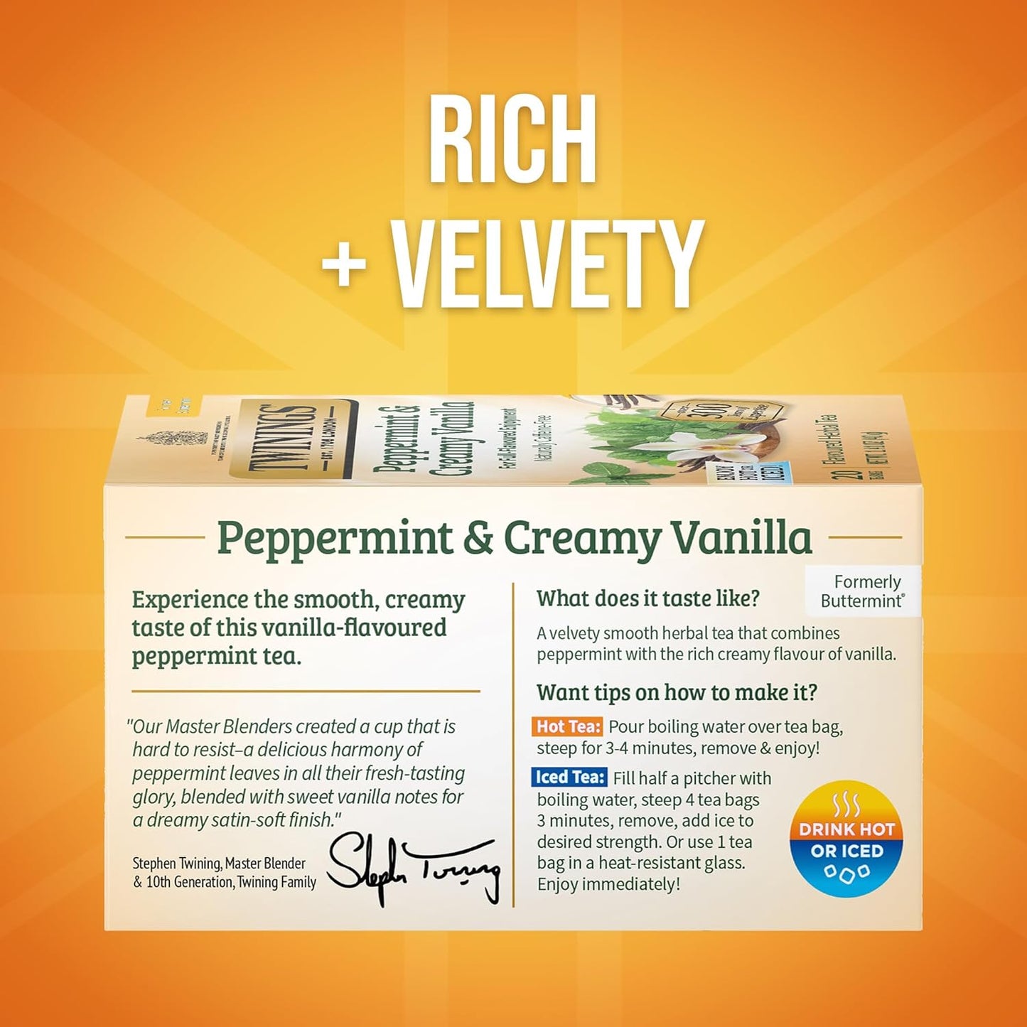 Twinings Peppermint & Creamy Vanilla Herbal Tea - Caffeine-Free, 20 Individually Wrapped Bags (Pack of 2) | Enjoy Hot or Iced