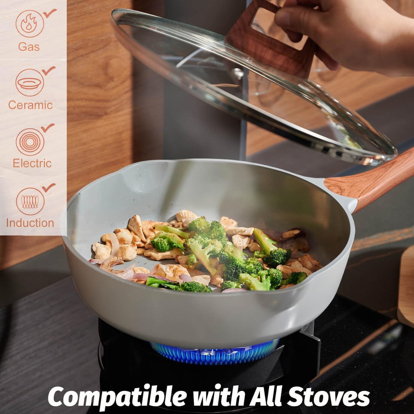 Skiennix Nonstick Frying Pan - 10.2-Inch Ceramic Skillet with Lid & Pour Spout | PFOA-Free, Induction Compatible (White)