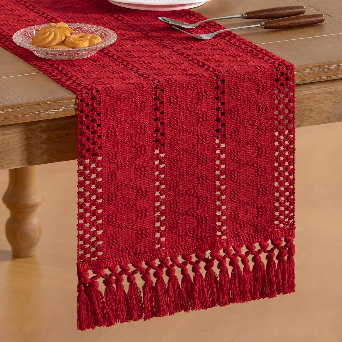Socomi Boho Table Runner Summer Farmhouse Rustic Dining Kitchen Centerpiece Decor Small Macrame Woven Cotton Linen Coffee Table Runner for Dresser Scarf Home Decor 12x48 in Red