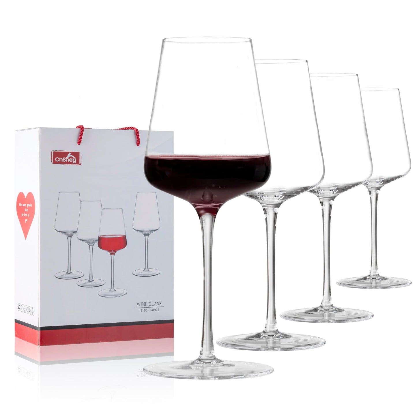 CnSneg Wine Glasses Set of 4, Premium Crystal Wine Glasses 13.5OZ for Red and White, Hand Blown Wine Glass, Unique Wedding Gift