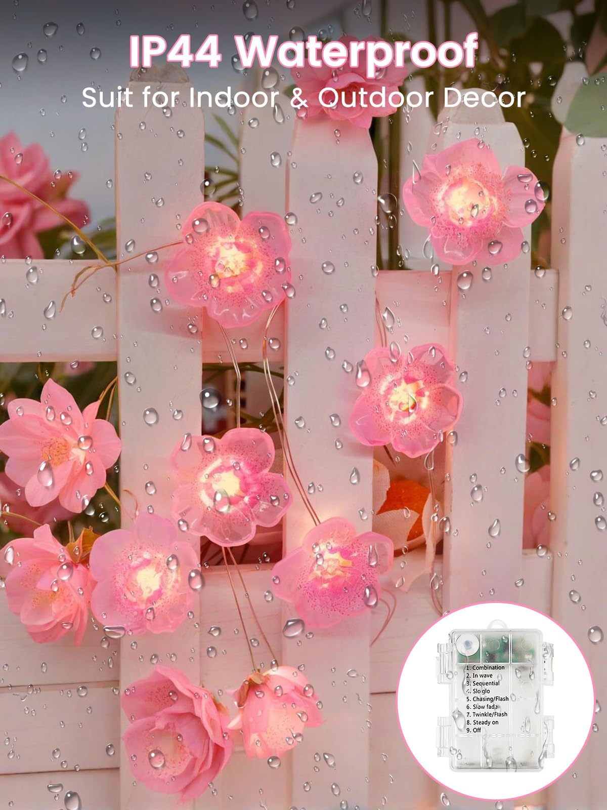 Cherry Blossom Flower String Lights for Bedroom, Pink Fairy Lights Battery Operated with Remote & 8 Modes & Timer, 10ft 30 LED Waterproof String Light Indoor Outdoor for Wedding Home Christmas Decor