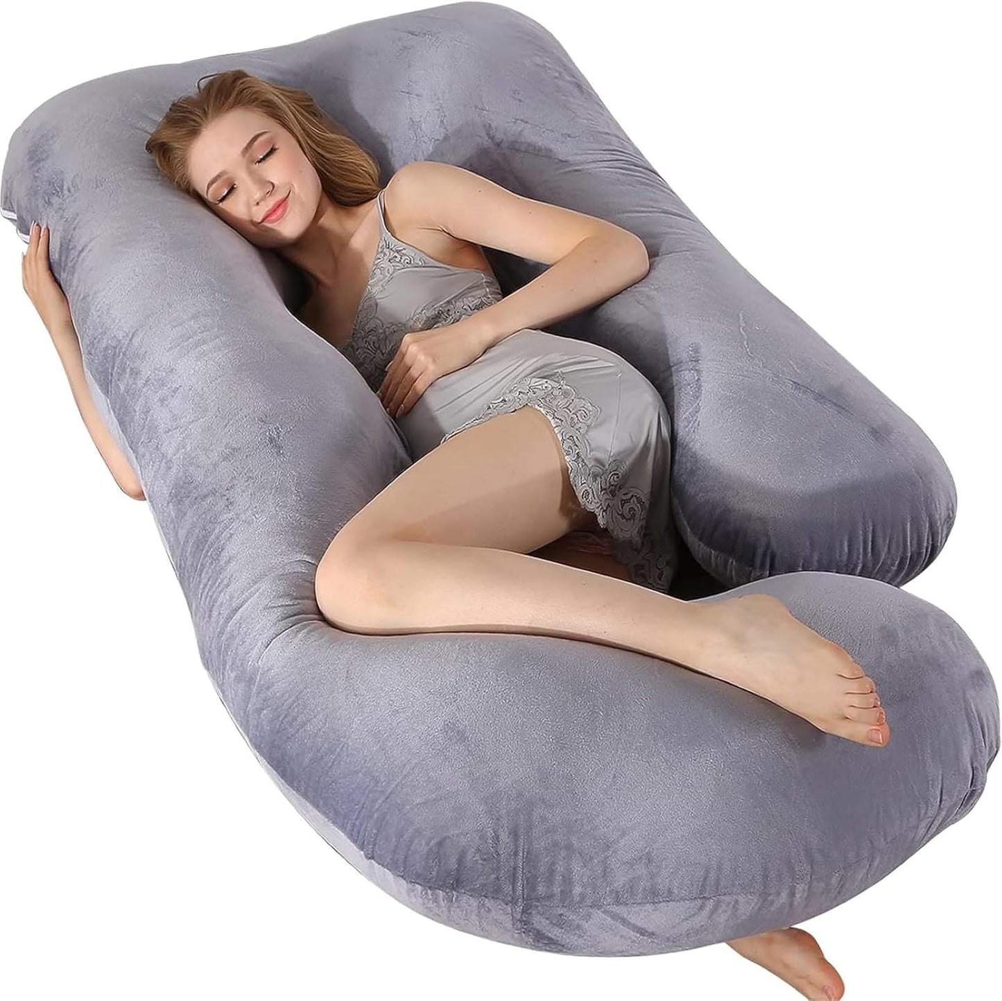 Skiennix 60 Inch U-Shaped Pregnancy Pillow - Cooling Full Body Maternity Support with Washable Velvet Cover | Grey