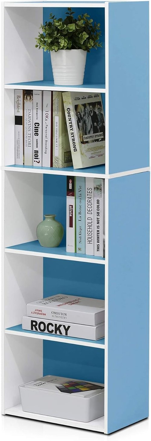 Furinno LUDER 5-Tier Bookshelf - Open Shelves for Easy Assembly | White/Light Blue, 9.4 x 15.8 x 52