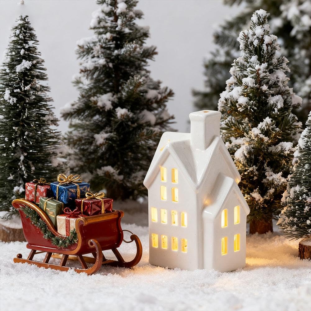 Skiennix Light Up Christmas Village House - White Ceramic Tabletop Decor for Winter Centerpiece (Green)