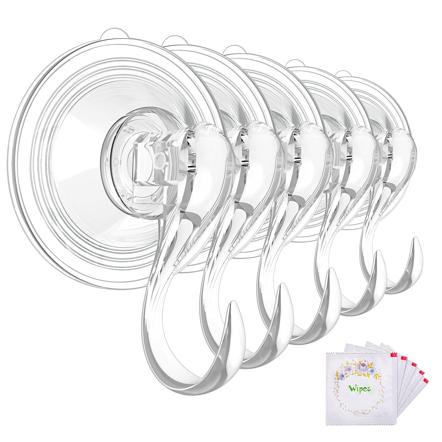 VIS'V Large Suction Cup Hooks with Wipes, Heavy Duty, Removable and Reusable, Clear, 5 Pcs