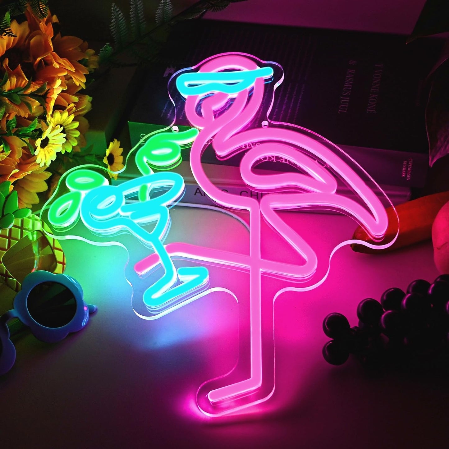 Neon Flamingo Light Up Sign for Hawaii Party, Pink Blue Flamingo Cocktails Neon Sign for Tiki Bar Wall Decor, Tropical Led Sign for Women Girl Bedroom Hawaiian Summer Beer Beach Party Decorations