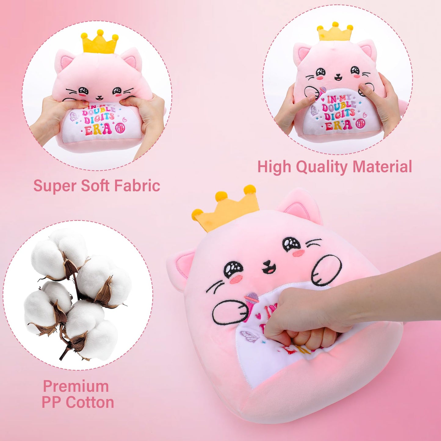 NIUBEHOHO 10th Birthday Gifts Cat Plush – Pink Cat Stuffed Animal with Crown for Girl Birthday Party Decoration 10 Years Old Girls in My Double Digits Era Themed 10 Inch