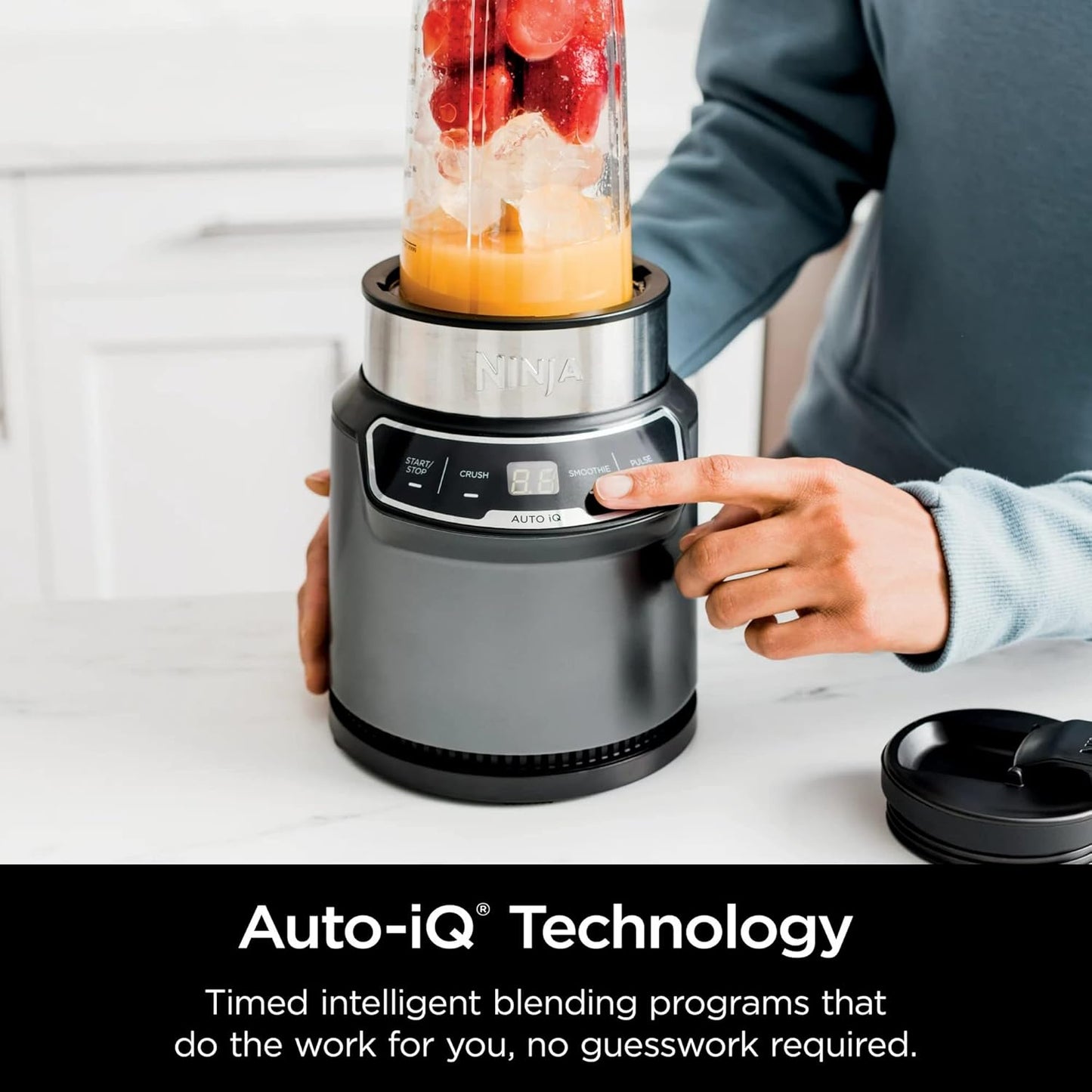 Ninja BN400 Nutri Pro Compact Personal Blender - 1000 Watts, Auto-iQ, 18oz & 24oz To-Go Cups - Stone Silver