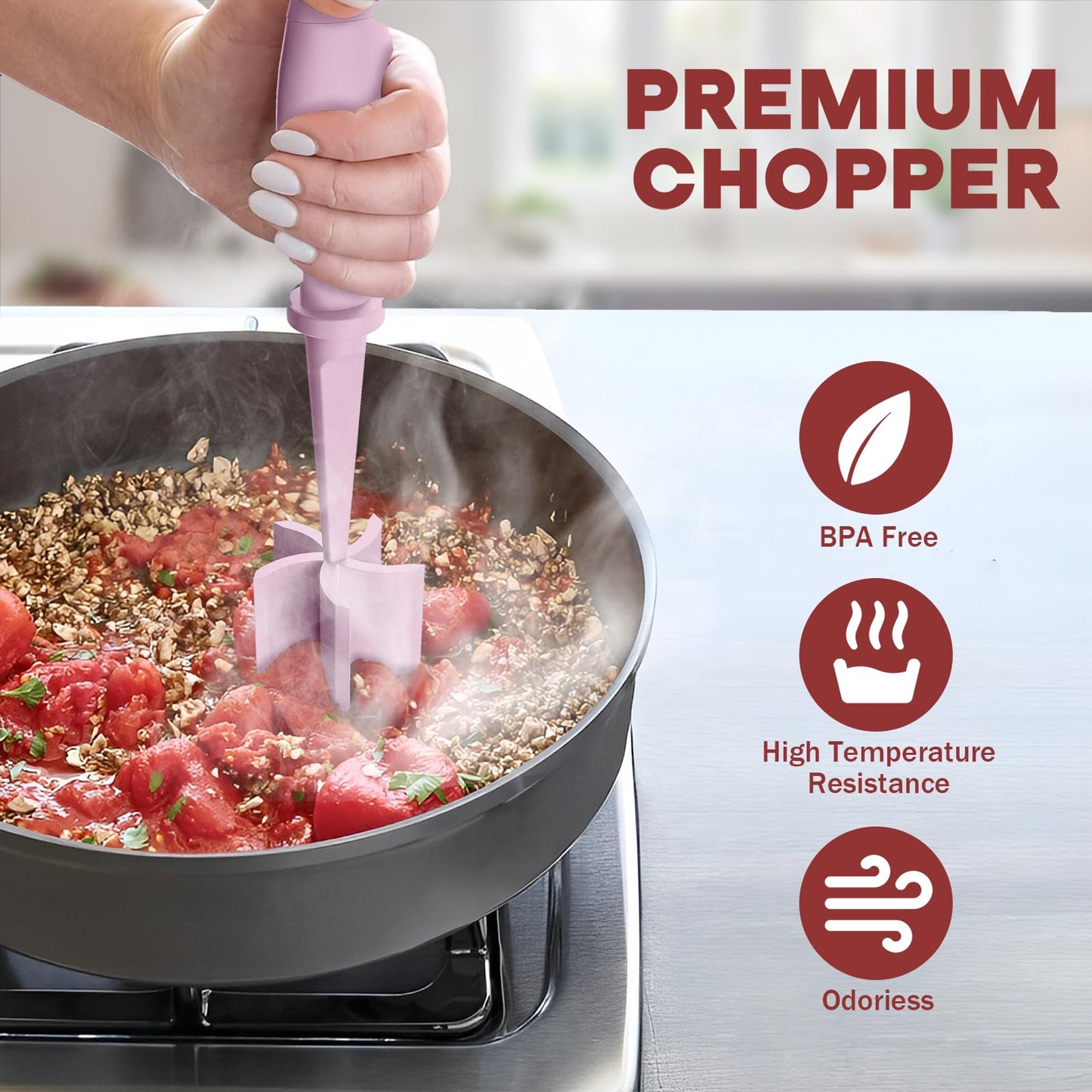 Meat Chopper, Hamburger Grinder, Premium Heat Resistant Smasher for Ground Beef, Burger Grinder Nylon Potato Mix Tool-Pink