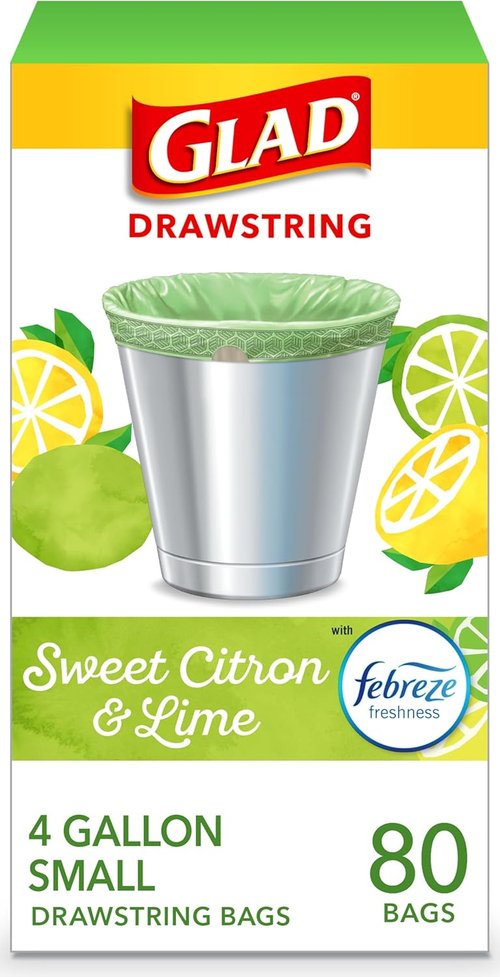 Glad Small Trash Bags - 4 Gallon Febreze Sweet Citron & Lime | Odor Resistant Drawstring, 80 Count