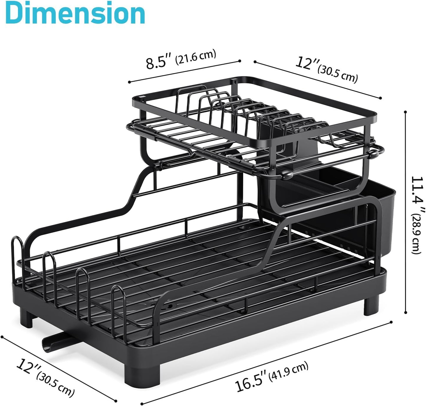 TOOLF Dish Drying Rack - 2-Tier Stainless Steel Kitchen Rack with Large Drainboard & Utensil Holders | Black