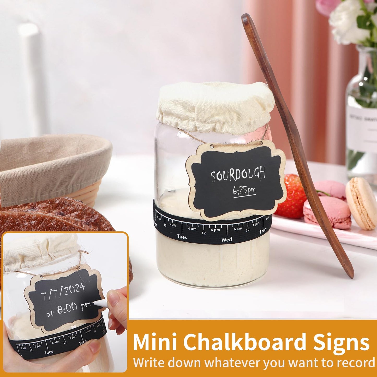 Sourdough Starter Jar Glass, 34 Oz DIY Wide-mouth Pro Sourdough Starter Jar Kit with Acacia Spatula, Cholkboard Sign, Thermometer, Feeding Band, cloth cover, Reusable Sourdough Bread Baking Supplies.