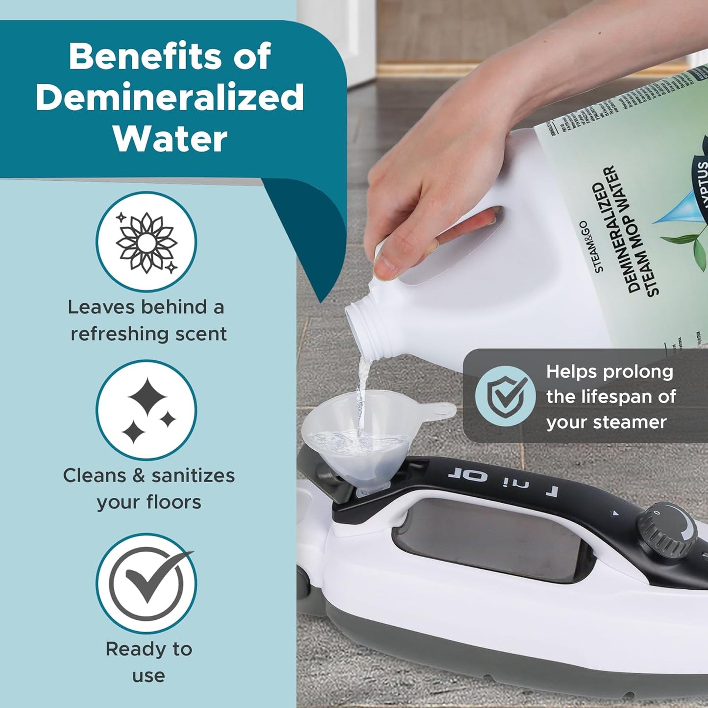 Steam & Go Demineralized Water - Ready-to-Use Multi-Surface Steam Mop Cleaner | Eucalyptus Mint, 128oz