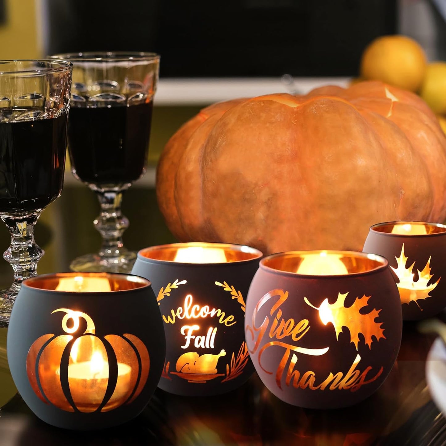 Thanksgiving Votive Candle Holder Set by [Brand Name] - 6 Glass Holders with Laser Engraved Designs for Fall Centerpiece Decor