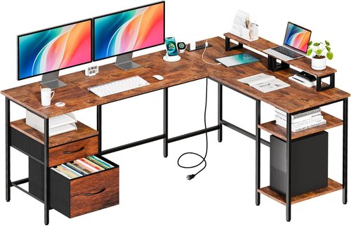 DUMOS L-Shaped Gaming Desk - 62 Inch with Charging Station & Dual Monitor Stands | Brown Corner Computer Desk with Drawer & Adjustable Shelves