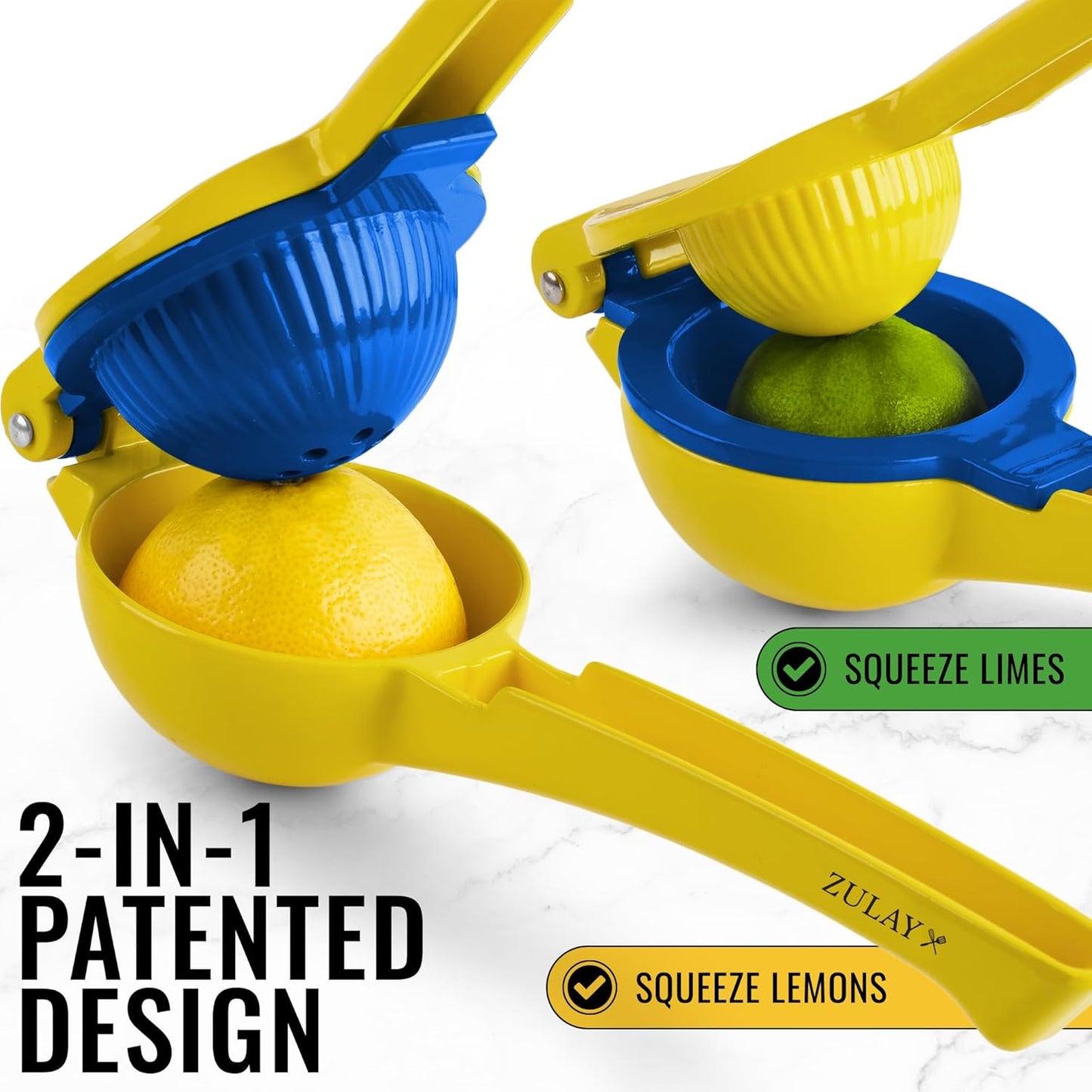 Zulay 2-In-1 Lemon Squeezer - Sturdy Manual Juicer for Maximum Juice Extraction | Easy to Clean - Gold/Blue