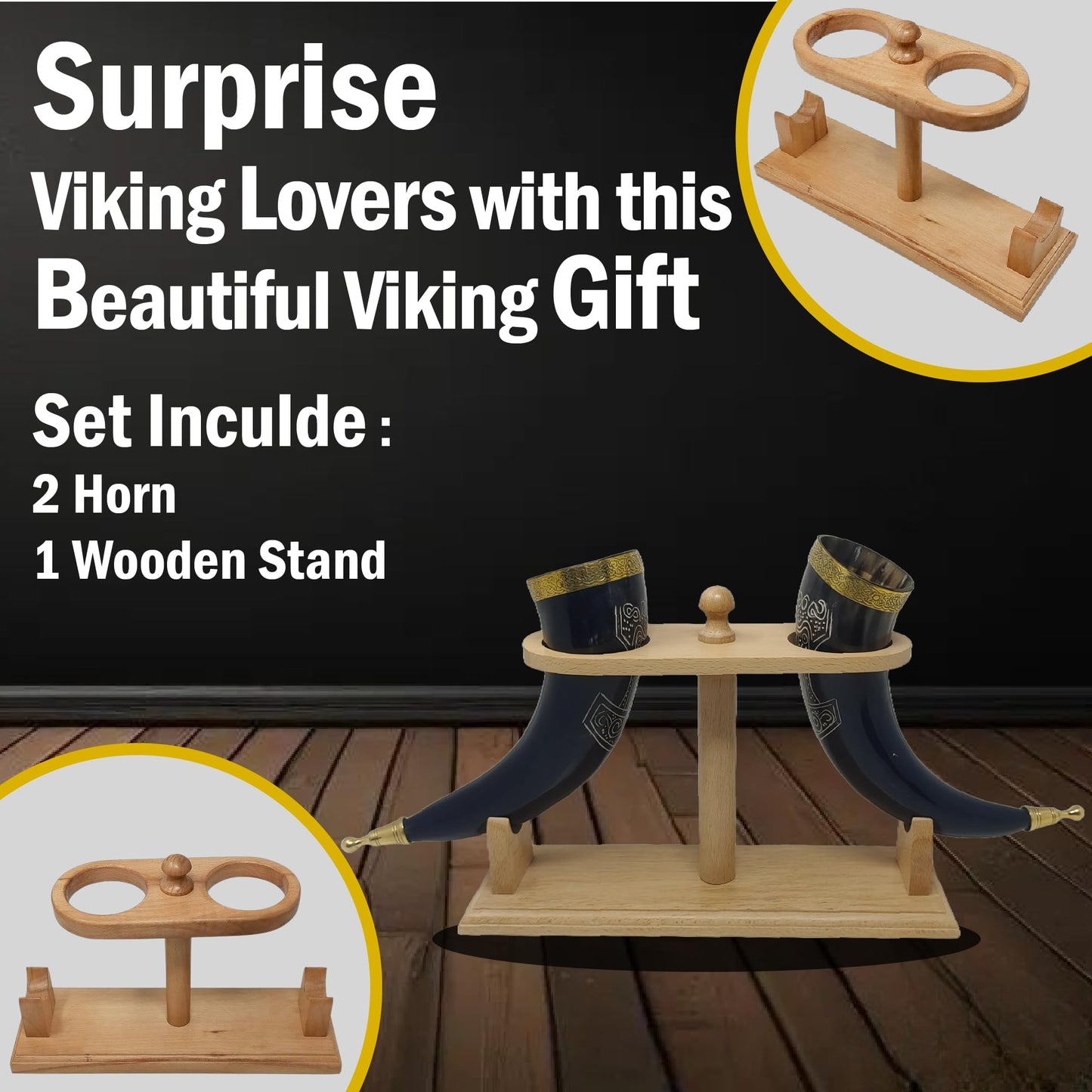Galaxy Indiacraft Viking Drinking Handmade Natural OX Horn | Tankard | Mug | Cup for Ale, Beer, Mead, Wine | 12 to 15 Inch | 100% Leak Free | with Beautiful Wooden Stand (Set of 2)