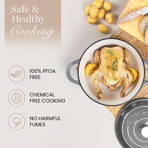 Cast Iron Pot with Lid – Non-Stick Ovenproof Enamelled Casserole Pot, Oven Safe up to 500° F – Sturdy Dutch Oven Cookware – Grey, 5-Quart, 24cm – by Nuovva