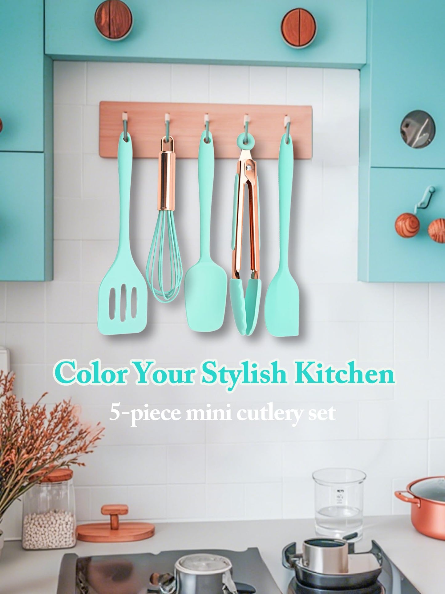 Kitchen Utensil Set,5 Pcs Mini Silicone Cooking Utensils Sets,Heat Resistant Non Stick Kitchens Gadgets BPA-Free Spatula Set,Kids Kitchen Tools Kitchen Set for Cooking