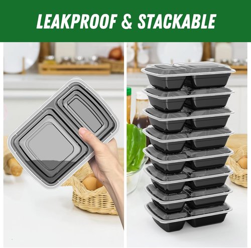 Dealusy 28 oz Meal Prep Containers - 50 Pack, Sturdy Leakproof & Reusable with Lids | 2-Compartment Design, Black