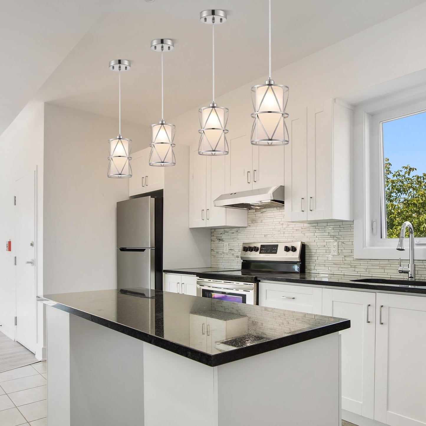 Zlierop Pendant Light with Frosted Glass, Modern Pendant Lights Kitchen Island, Brushed Nickel Pendant Light Fixtures, Cylindrical Pendant Lighting for Kitchen Island, Dining Room, Foyer