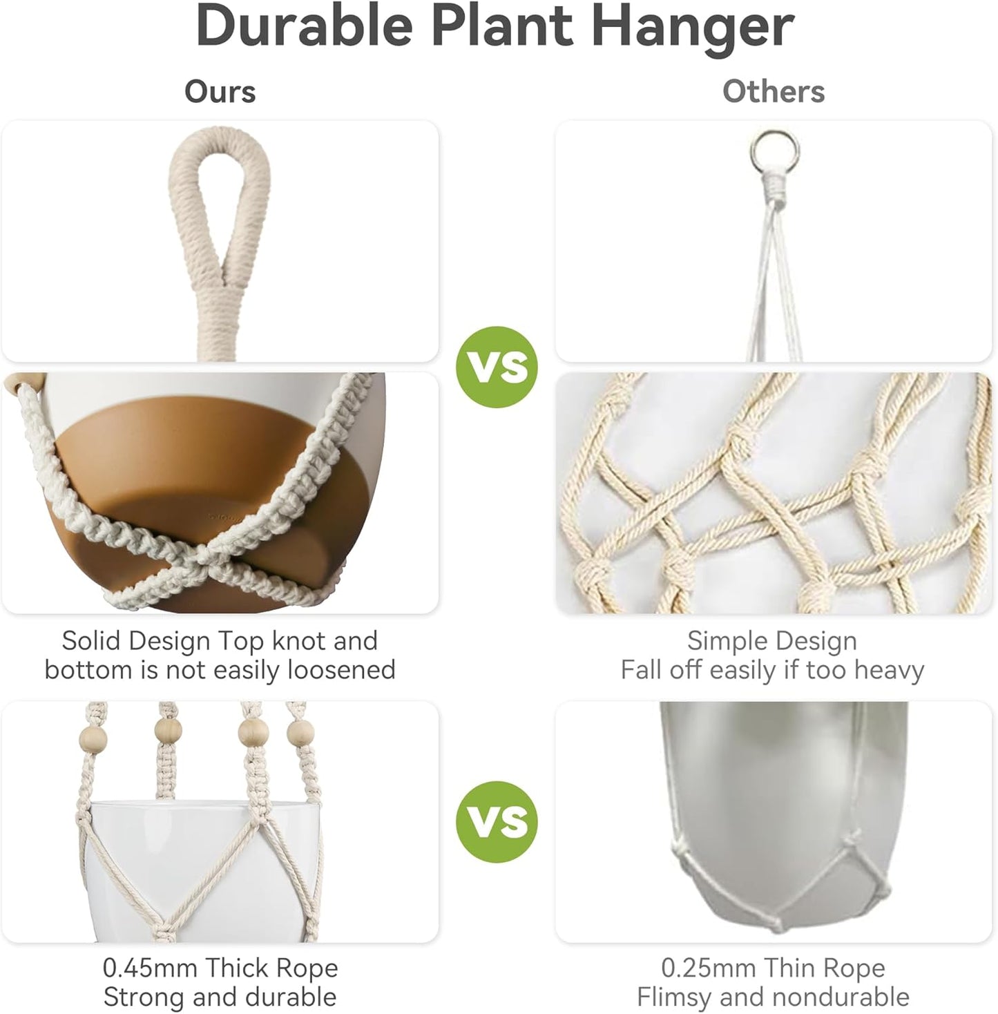 USLAI Macrame Plant Hanger - Strong Indoor/Outdoor Holder for 4 to 15 Inch Pots | 35 Inch Ivory Boho Decor