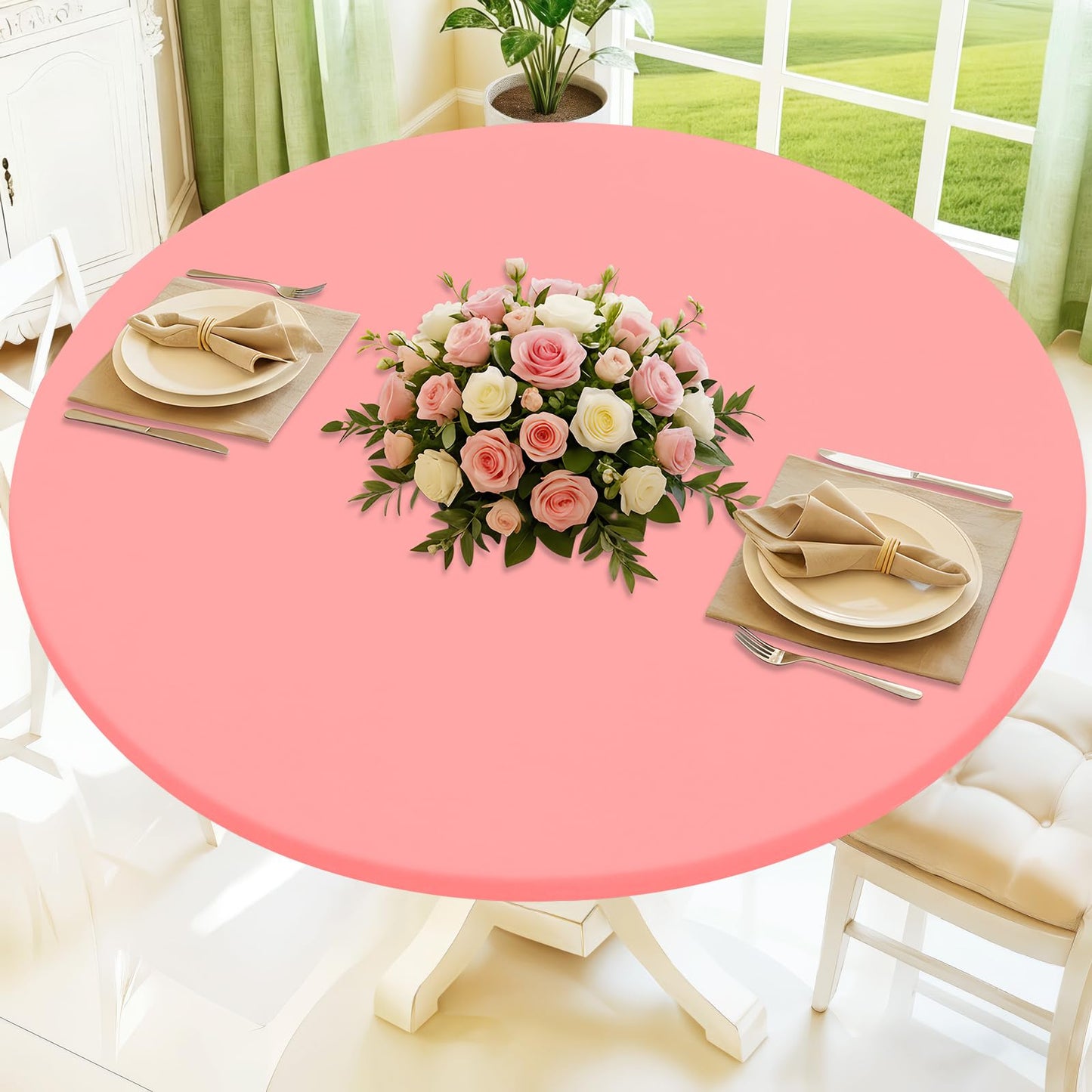 Moosfor Round Spandex Tablecloth, Elastic Fitted Waterproof Tablecloths for 45"-56" Tables, Stretch Washable Picnic Table Cover for Camping, Dining, Indoor and Outdoor,Coral Red