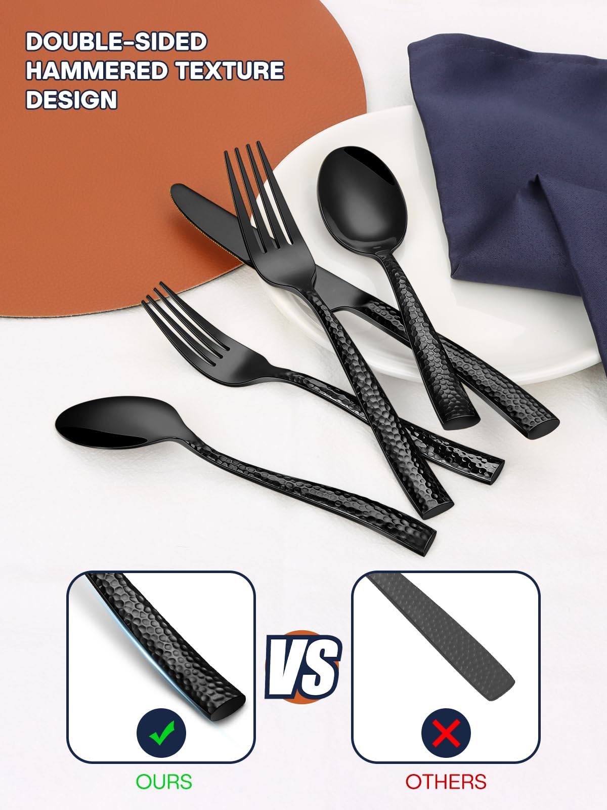 Stapava 40 Pcs Black Hammered Silverware Set, Stainless Steel Flatware Set for 8, Mirror Polished Cutlery Include Forks Spoons and Knives set for Home Hotel, Dishwasher Safe Utensils