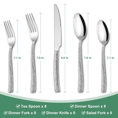 Hammered Silverware Set, 40-Piece Stainless Steel Wave Flatware Set for 8, Food-Grade Tableware Cutlery Set, Utensil Sets for Home Restaurant, Mirror Finish, Dishwasher Safe