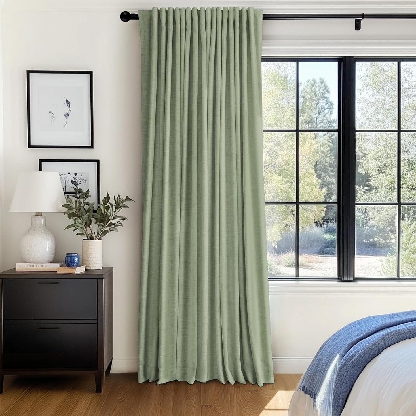 Skiennix 100% Blackout Linen Curtains - Thermal Insulated Drapes for Bedroom | 96" Long, Sage