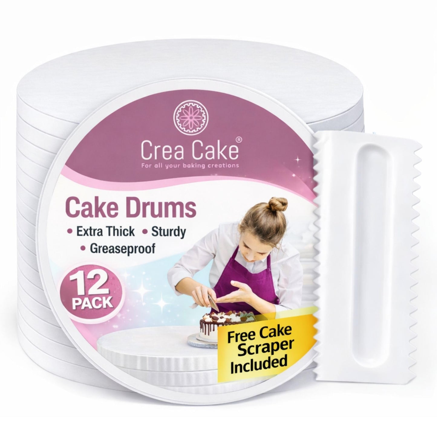 Crea Cake - 12 Pack Cake Drums 10 Inch Round & Free Large Cake Scraper - Premium Boards ½ Inch Thick, Food-Grade & Greaseproof Base para Pastel, Sturdy Cardboard for Professional Wedding Display, Glossy White