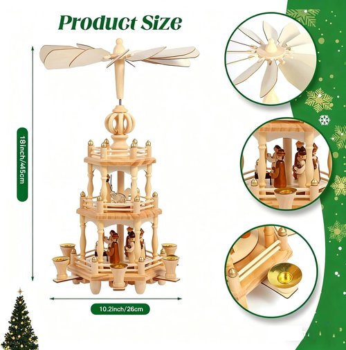 Christmas Pyramids - 18-Inch Wooden Nativity Scene Carousel with 6 Candle Holders | 3 Tiers