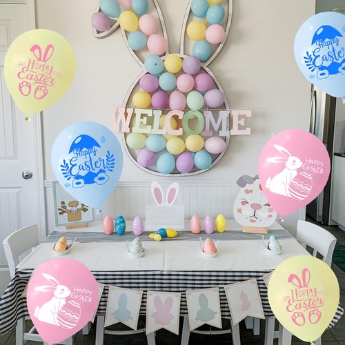 Happy Easter Balloons, 60Pcs 12 Inch Pastel Light Pink Blue Blue Cute Bunny Spring Easter Eggs Party Balloons for Kids Girl Boy Cute Egg Easter Spring Birthday Party Baby Shower Decorations