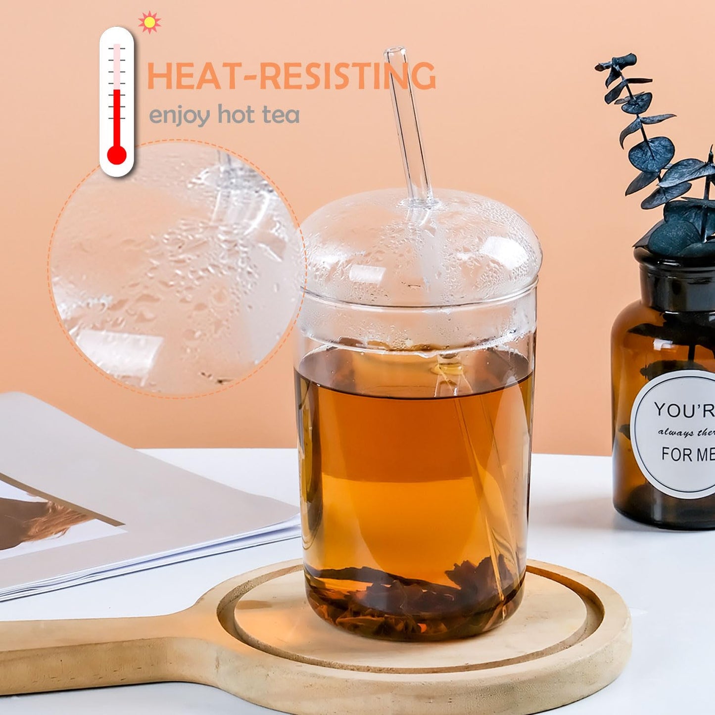 WHJY Glass Tumbler with Lid and Straw - 16oz Heat Resistant Glass Cup for Travel, Smoothies and Outdoor Use