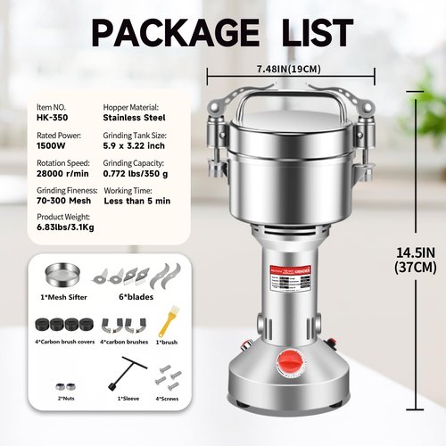 350g Grain Grinder 1500W Electric Spice Grinder High-Speed Stainless Steel Flour Mill Suitable for Coffee/Corn/Pepper/Herbs/Wheat/Rice