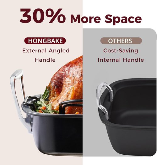 HONGBAKE Extra Large Nonstick Turkey Roasting Pan - 18.7" x 13.6" with Rack for 25 lb Turkey & Chicken | Heavy Duty Steel, Gray