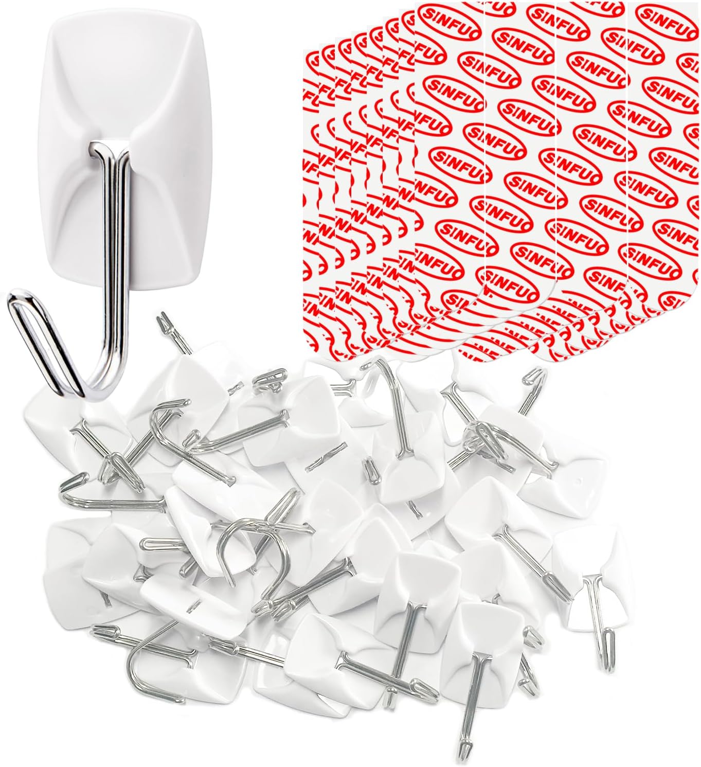 Sinfuo Heavy-Duty Wall Hooks - 32 Small Wire Hooks with 36 Damage-Free Adhesive Strips for Keys & Coats