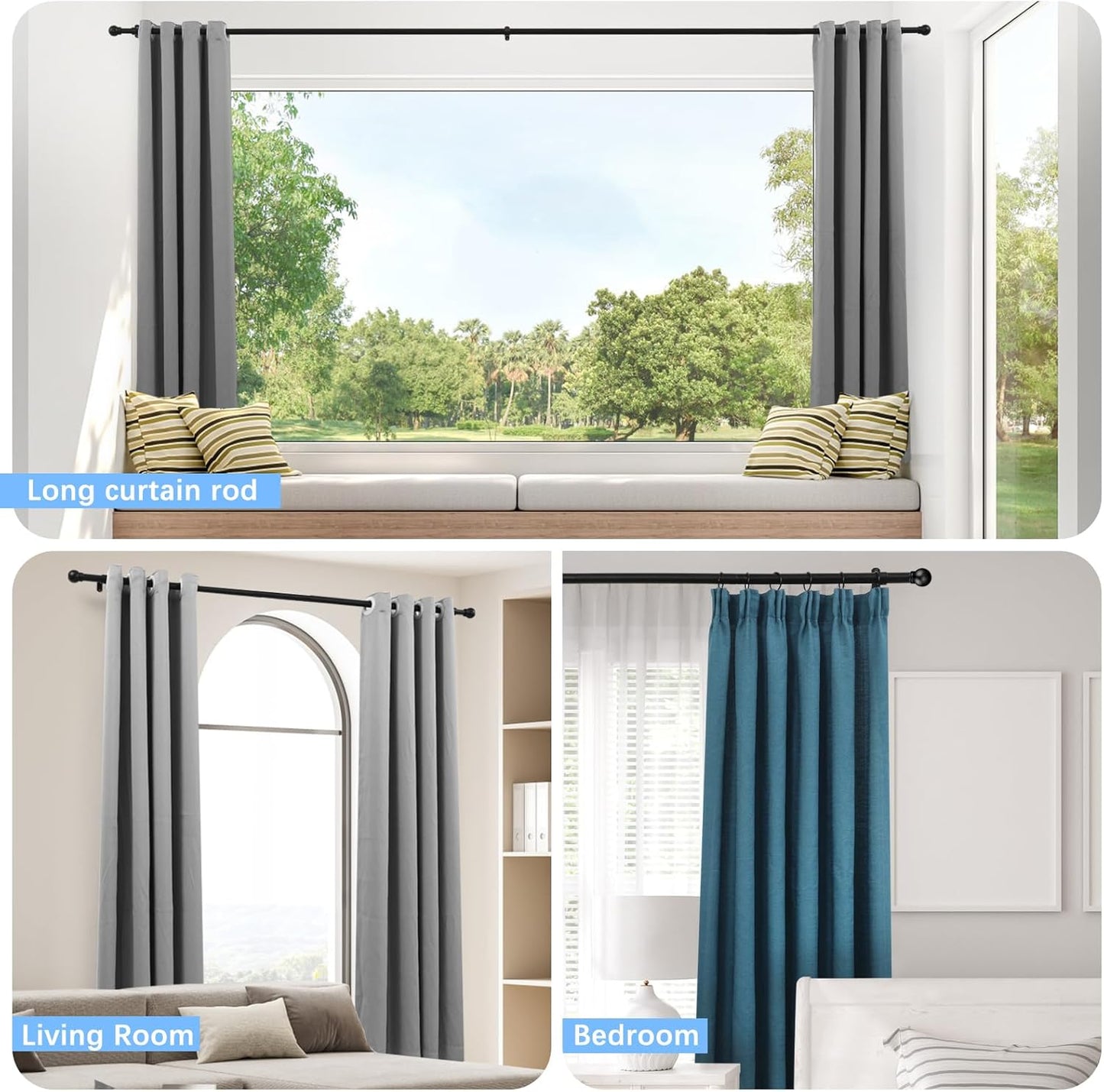 Max Adjustable Curtain Rods by [Brand Name] - Fits Windows 16 to 150 Inches | 6/8" Diameter, Black, Single Pack