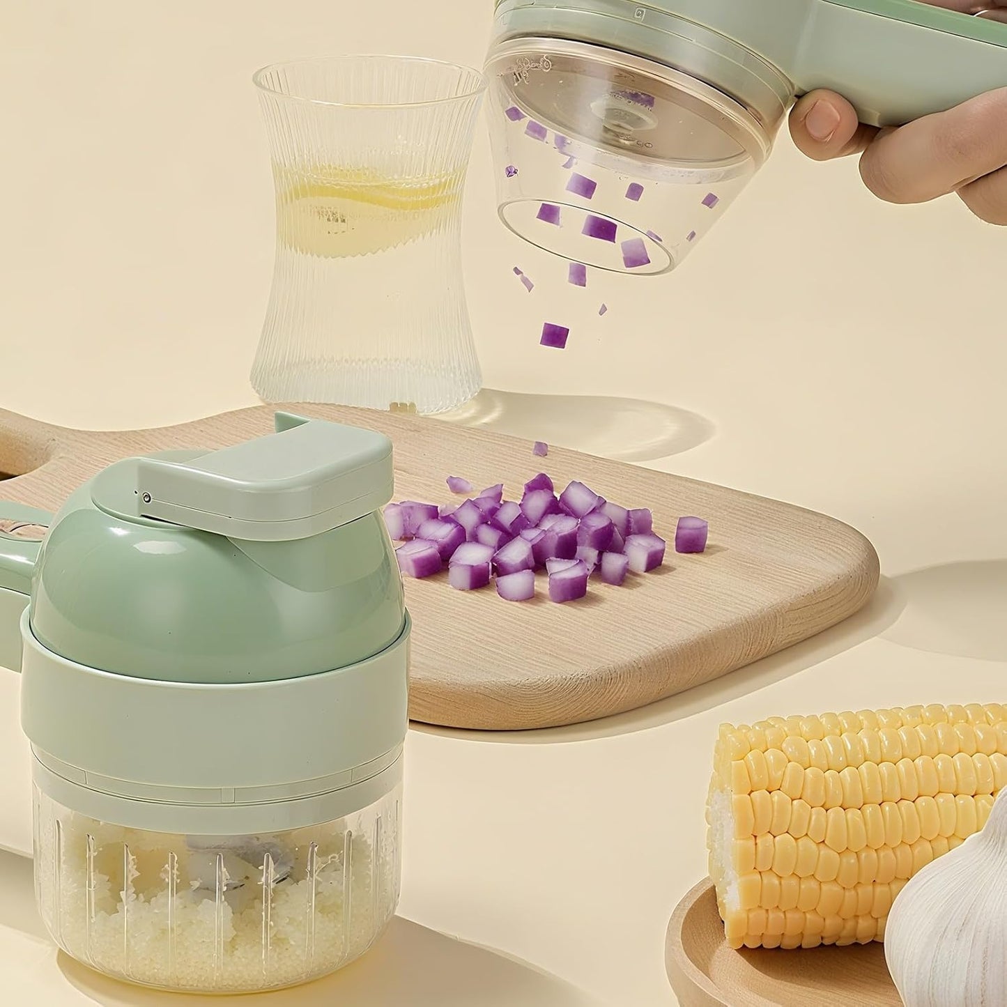 Ninja Food Chopper - 4-in-1 Electric Vegetable Cutter with Mini Fruit Slicer & Garlic Mincer | Handheld Design